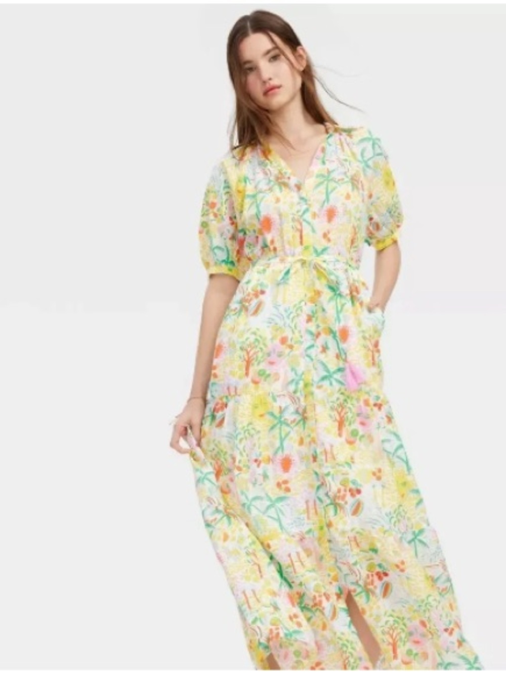 Roller Rabbit Yellow Floral Puff-Sleeve Maxi Dress